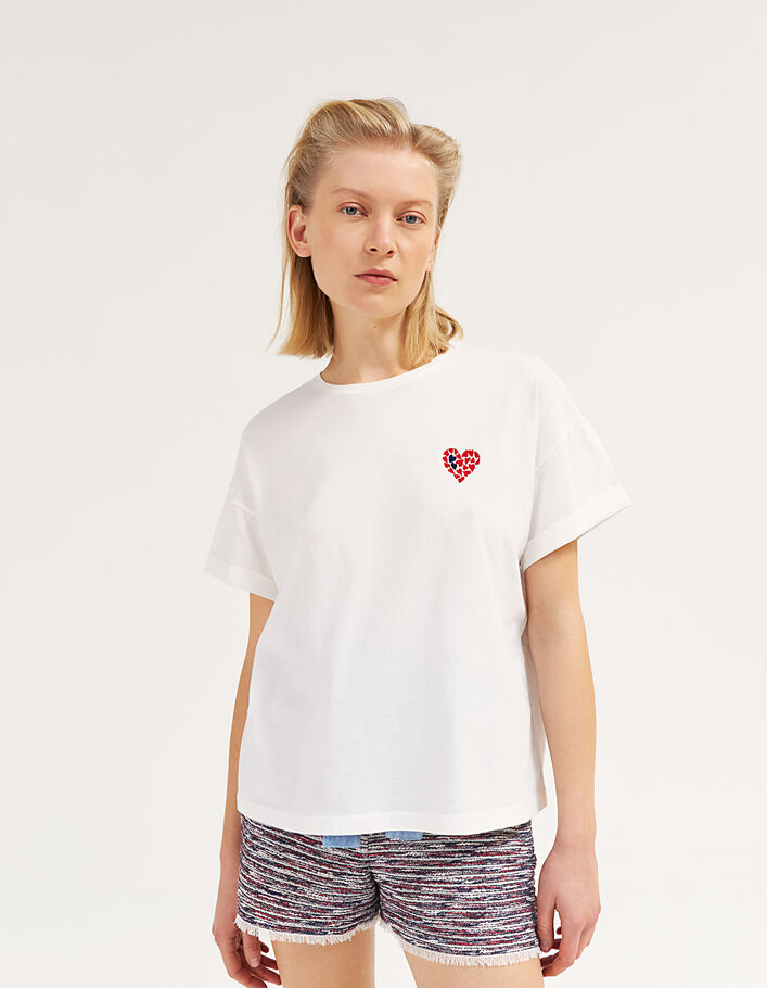 Cremeweißes Damen-T-Shirt aus Baumwolle mit Stickerei-2