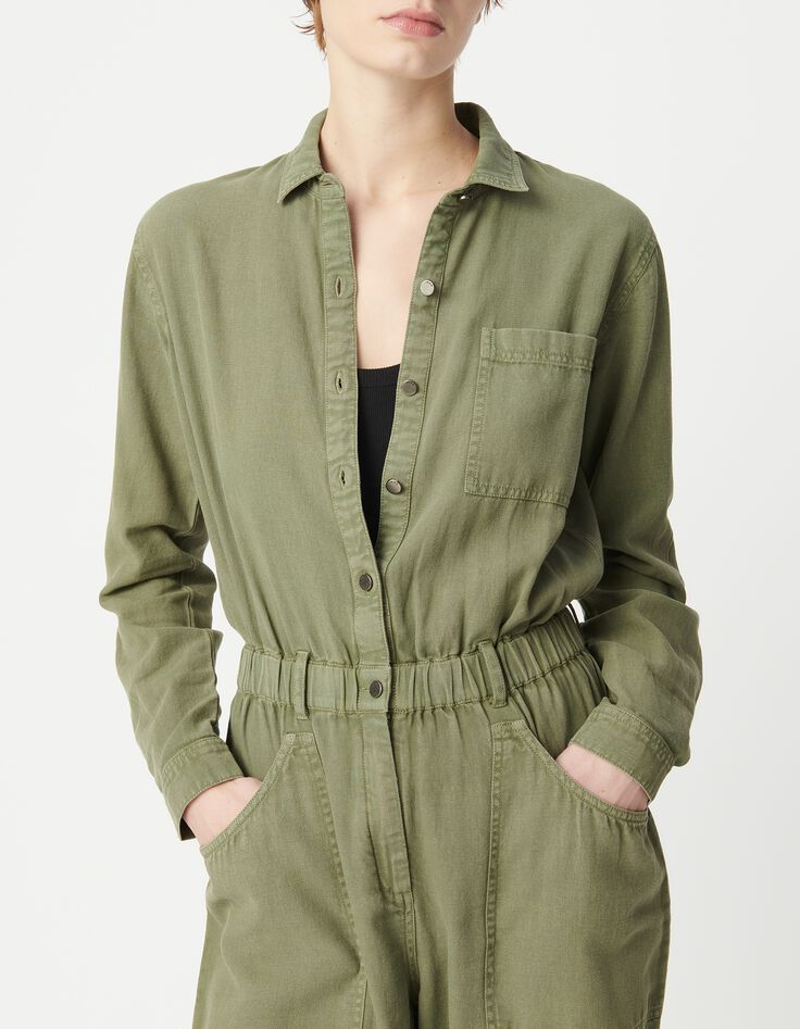 Combinaison en jean souple kaki taille &eacute;lastiqu&eacute;e Femme-2