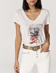 Tee-shirt blanc cassé imprimé message pailleté doré femme-1