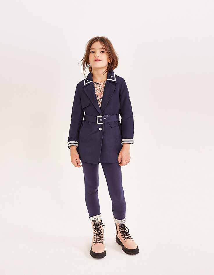 Trench navy de nailon con capucha extraíble para niña -1