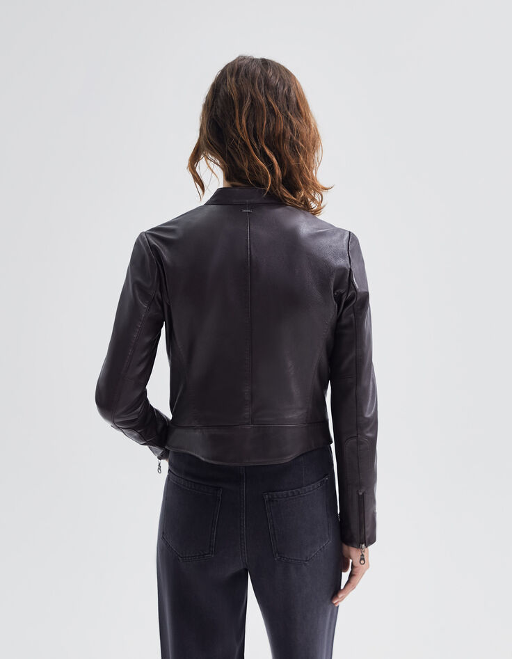 Women’s chocolate leather jacket with zipped pockets-2