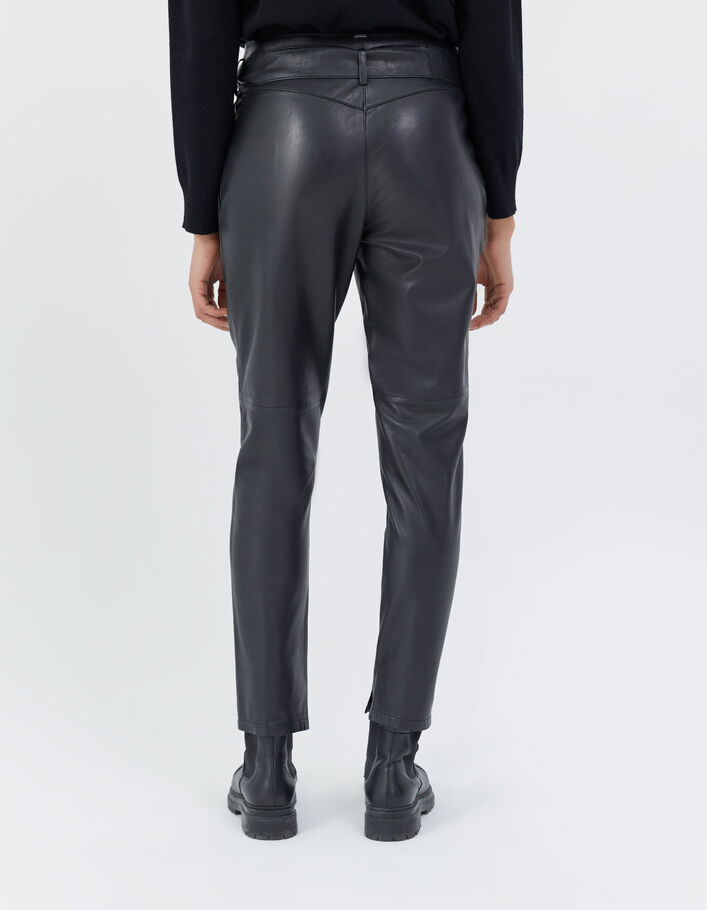 Women's black lambskin leather high-waist trousers-3