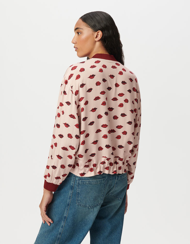 Blouson bomber rose satiné imprimé bouches Femme-3