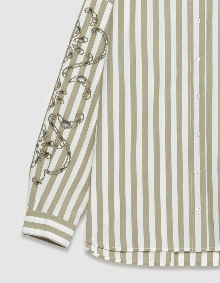 Camisa caqui rayas bordado calado Mujer mangas-7