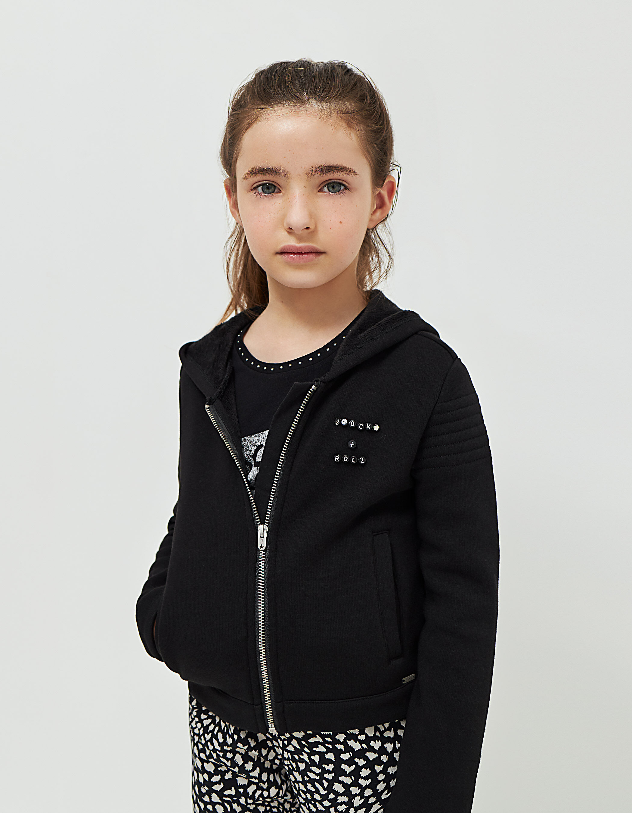Girls black sweatshirt fabric hooded cardigan IKKS