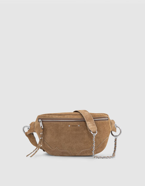 Women's 1440 camel velour leather overstitched belt bag - IKKS