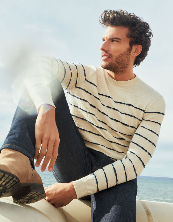Men’s beige sailor sweater with stone blue & black stripes