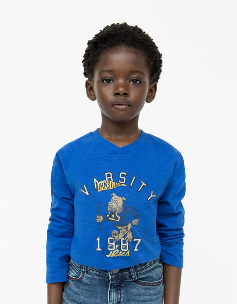 T-shirt bleu électrique coton bio visuel bouledogue garçon