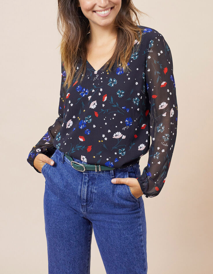 I.Code black blouse with multicolour flower print-2