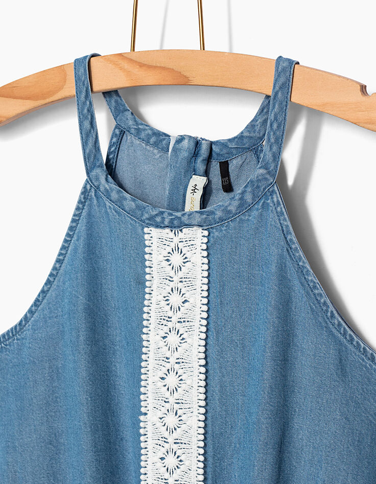 Girls’ stone blue Tencel© and lace short jumpsuit-4