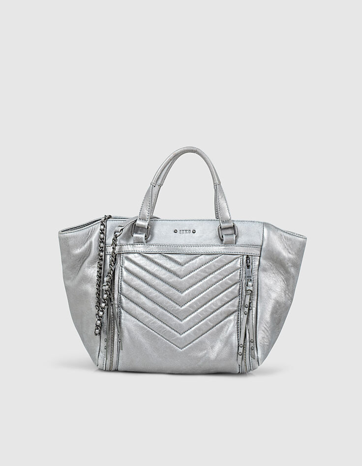 Sac cabas cuir argent LE 1440 MEDIUM SILVER matelassage chevrons femme-1