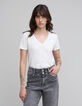 Camiseta blanca de mujer con cuello de pico y diseño de lentejuelas en los hombros-2
