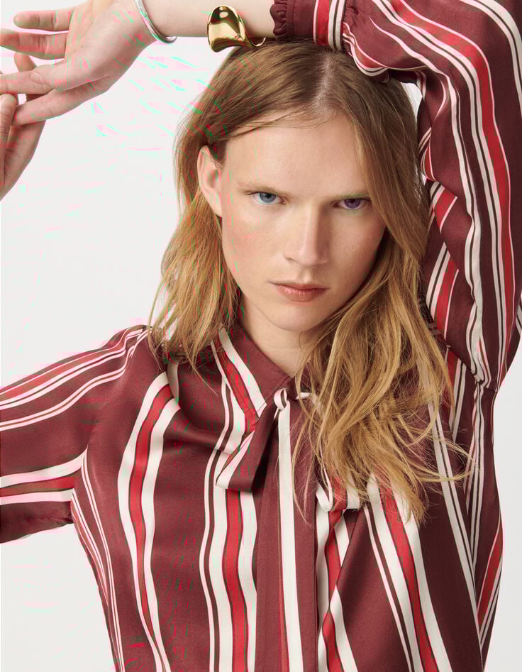 Women’s burgundy striped neck tie shirt-5 Women’s burgundy striped neck tie shirt-5