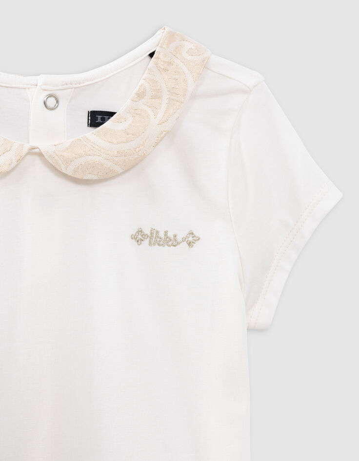 Ecru Mädchen-T-Shirt, Bubikragen, Jacquardknöpfen hinten-4