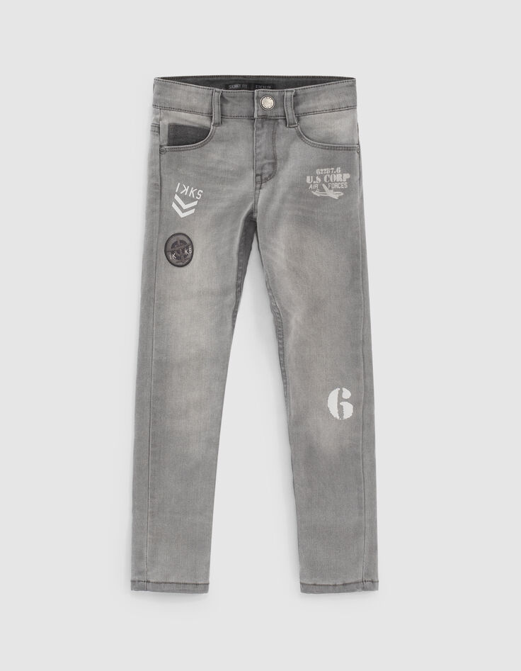 Light grey skinny jeans met print en badge jongens -1