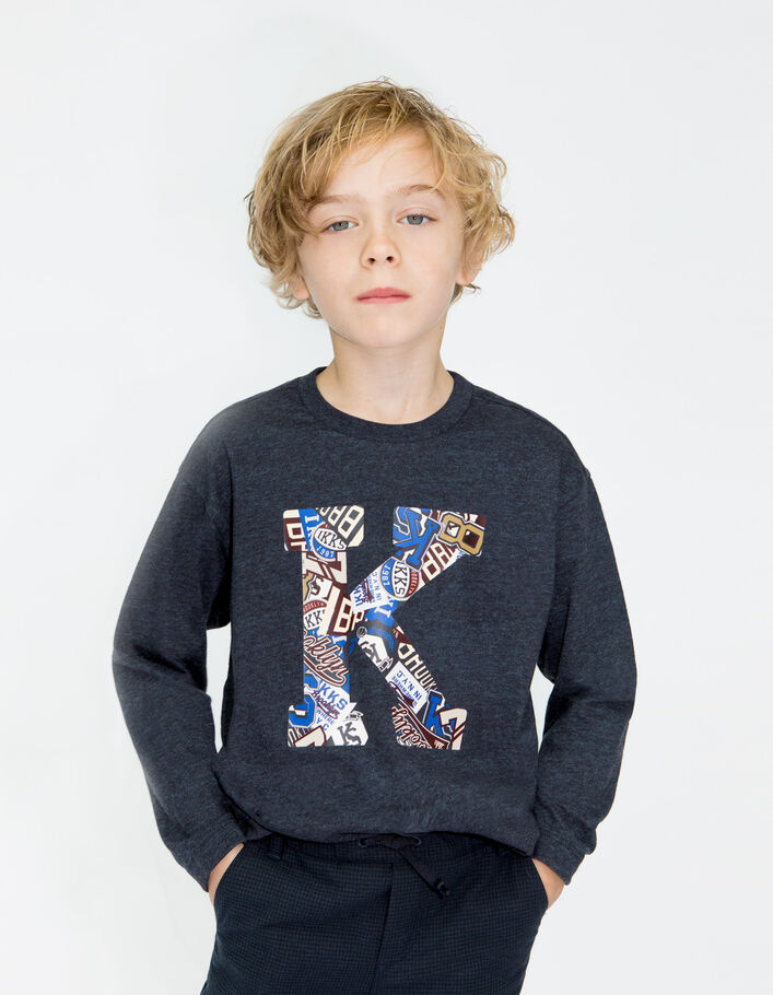 T-shirt marine chiné maxi lettre K-écussons garçon-1