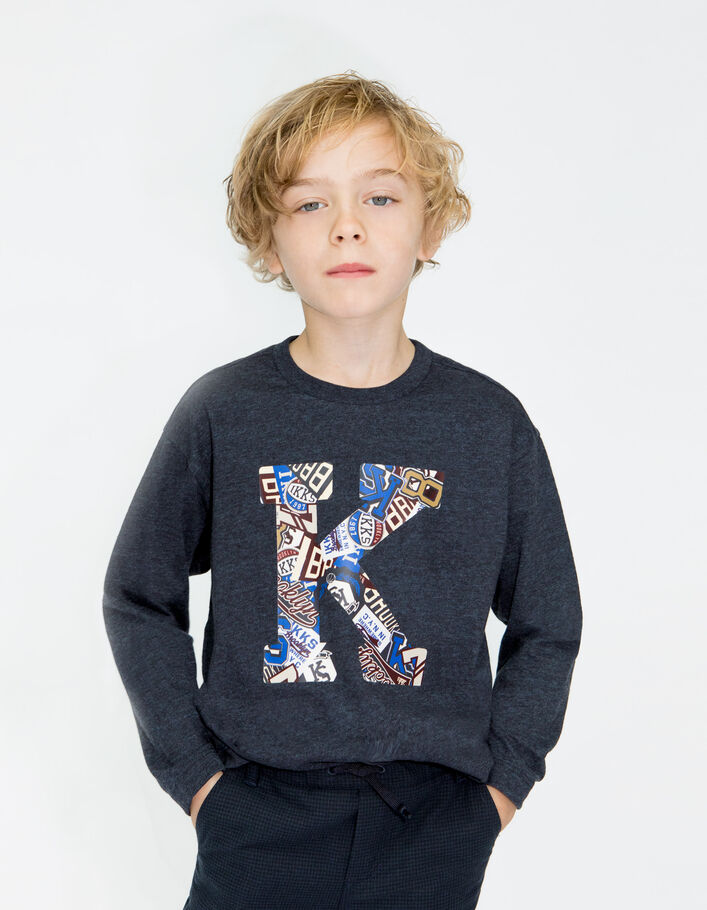 Marineblau meliertes Jungen-T-Shirt mit Wappen-K-1