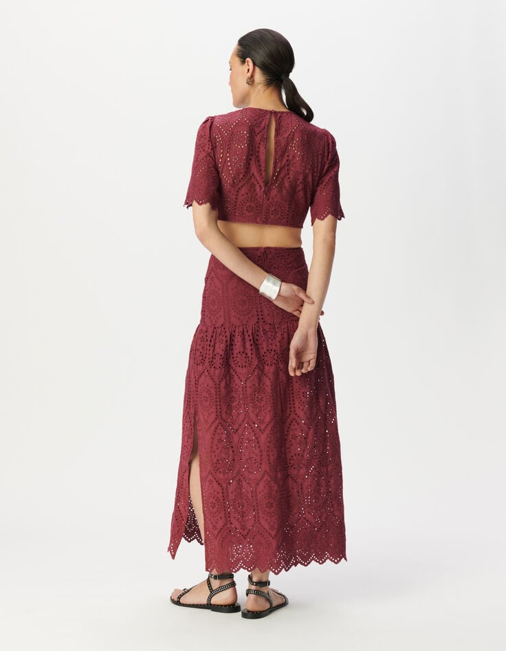 Robe longue bordeaux broderie anglaise ouverture dos Femme-2 Robe longue bordeaux broderie anglaise ouverture dos Femme-2