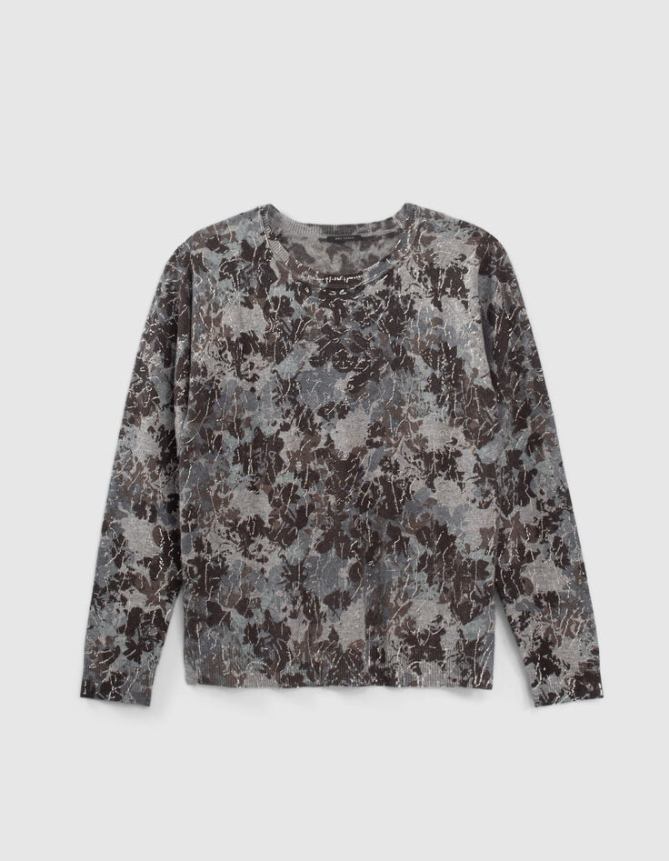 Fijngebreide grijze trui bloemenprint dames-1
