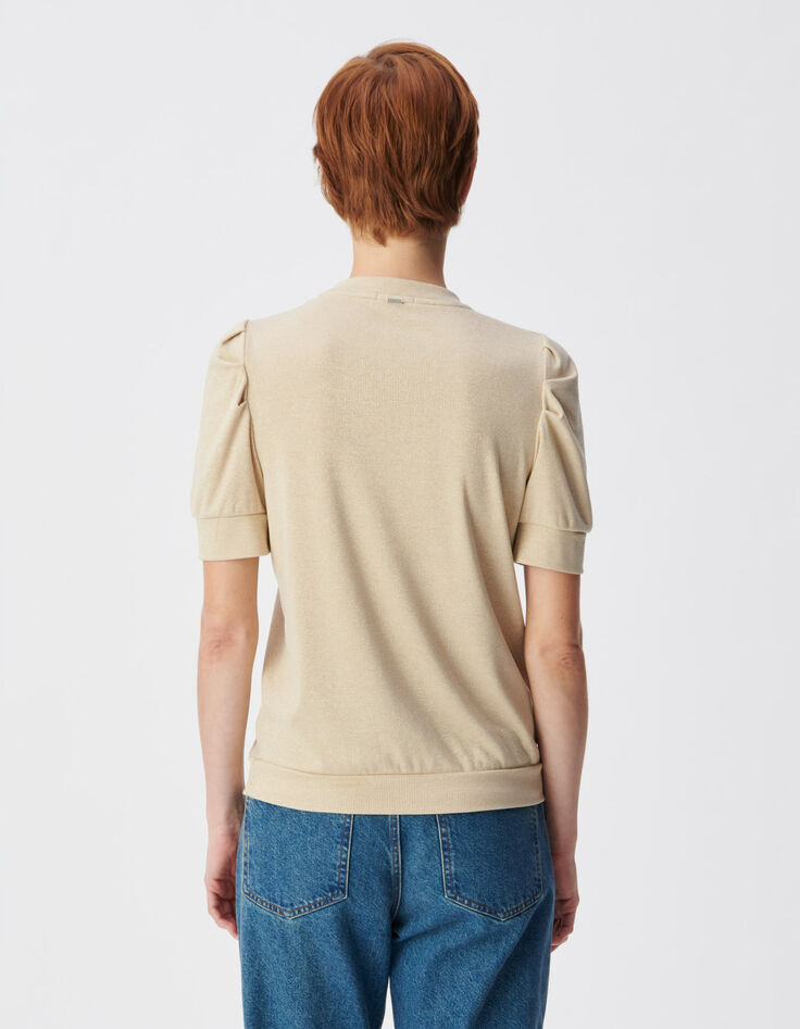 Mujer Cuello redondo con lentejuelas doradas y mangas fruncidas-3