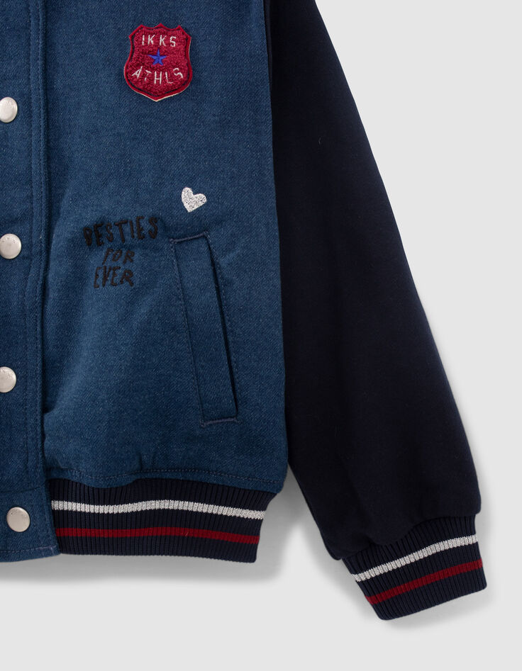 Bestickte Jeans-Mädchenteddyjacke, marineblau, Materialmix-5