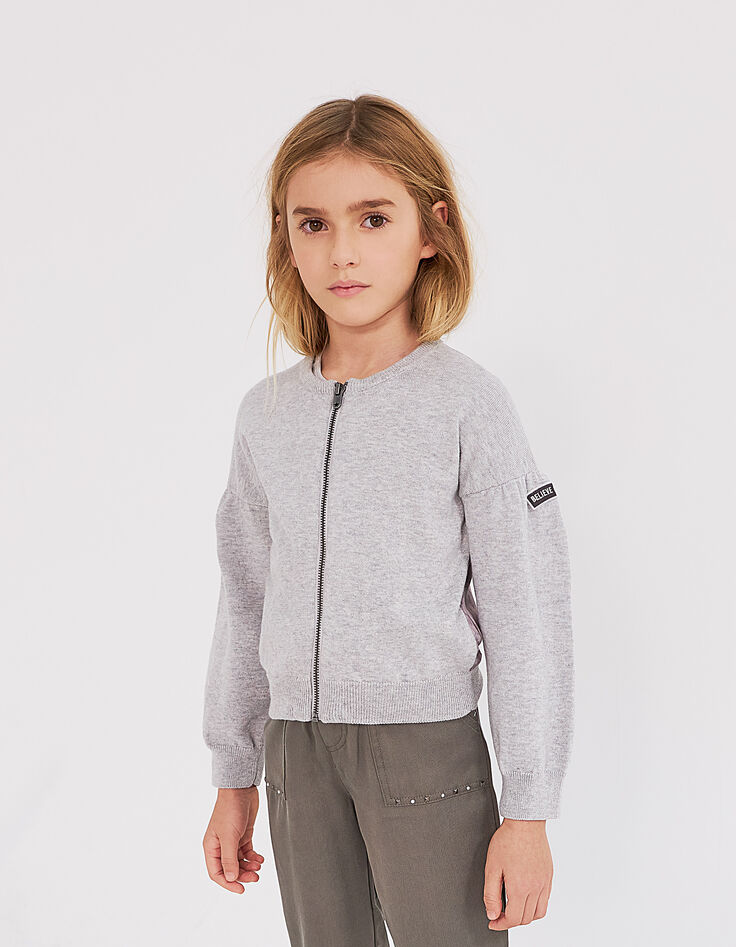 Cardigan gris chiné moyen bi matière zippé fille-7