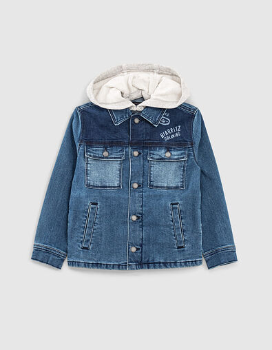 Boys’ stone blue organic denim jacket with detachable hood - IKKS