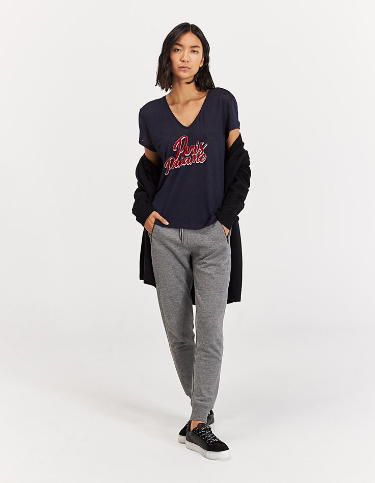 Tee-shirt col V en lin marine message flocage velours femme-5