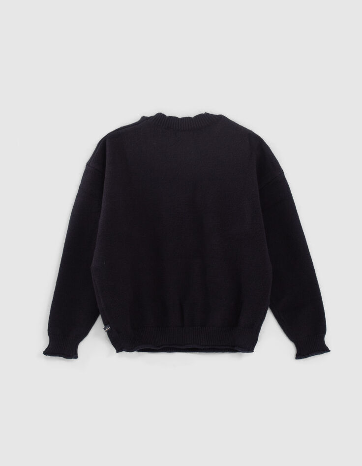 Pull navy fonc&eacute; tricot message jacquard fille-3
