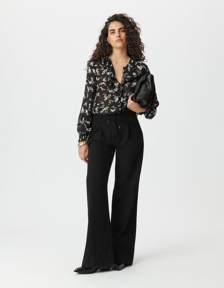 Chemise noire voile imprimé fleurs sauvages Femme-1 Chemise noire voile imprimé fleurs sauvages Femme-1