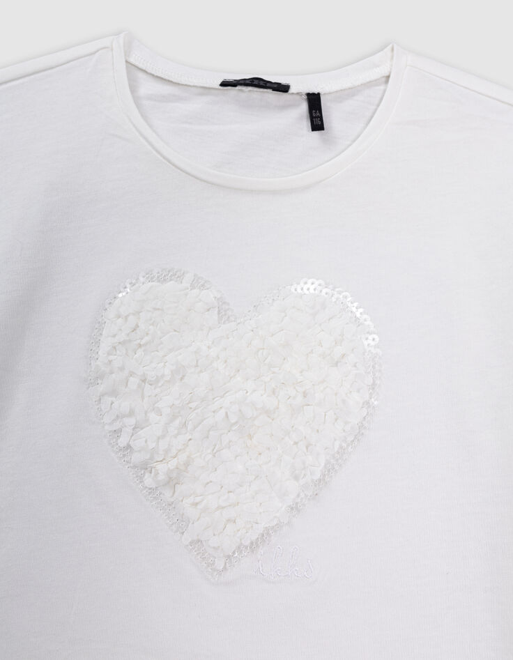 T-shirt écru coton bio coeur en relief fille-3