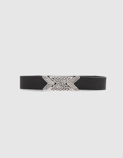 Women’s black leather dress belt, engraved metal buckle - IKKS