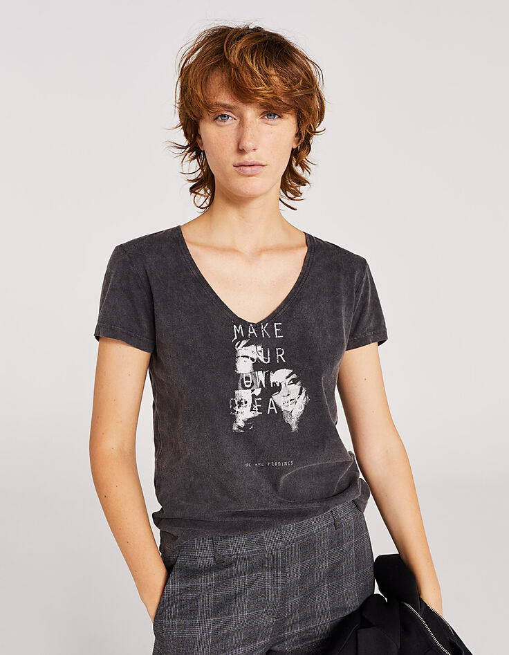 Women’s black faces image V-neck-shirt-1