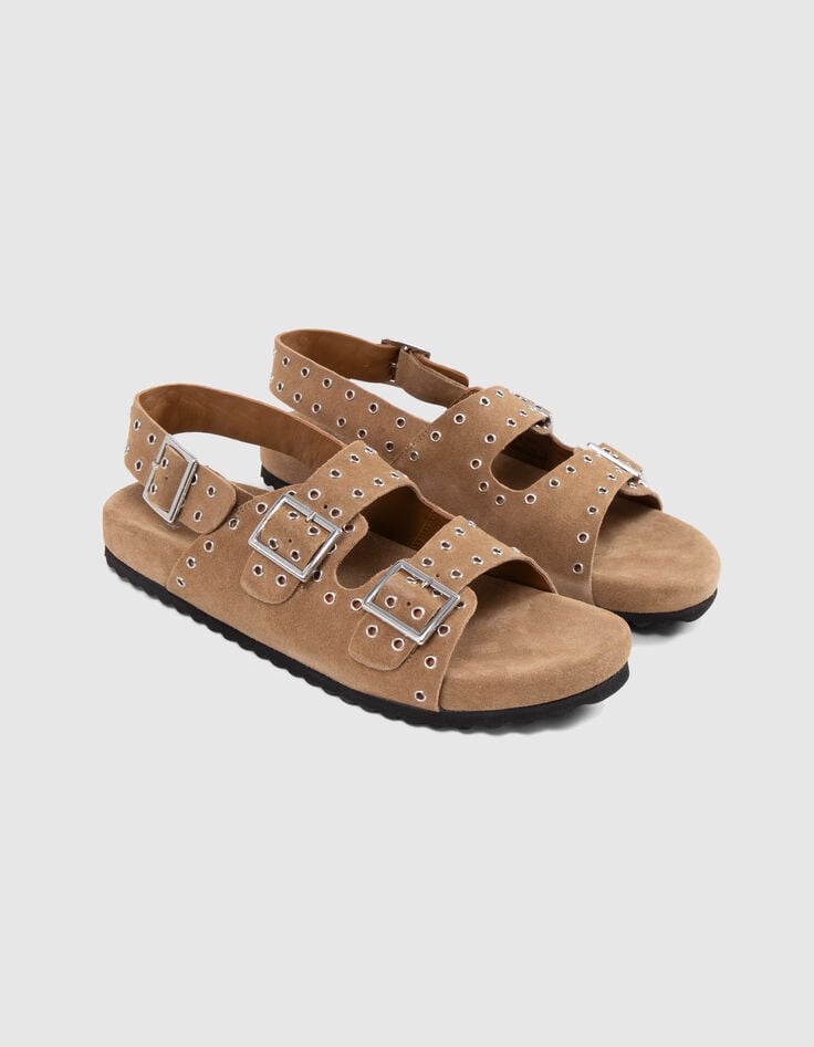 Women's sand suede sandals with eyelet straps-6