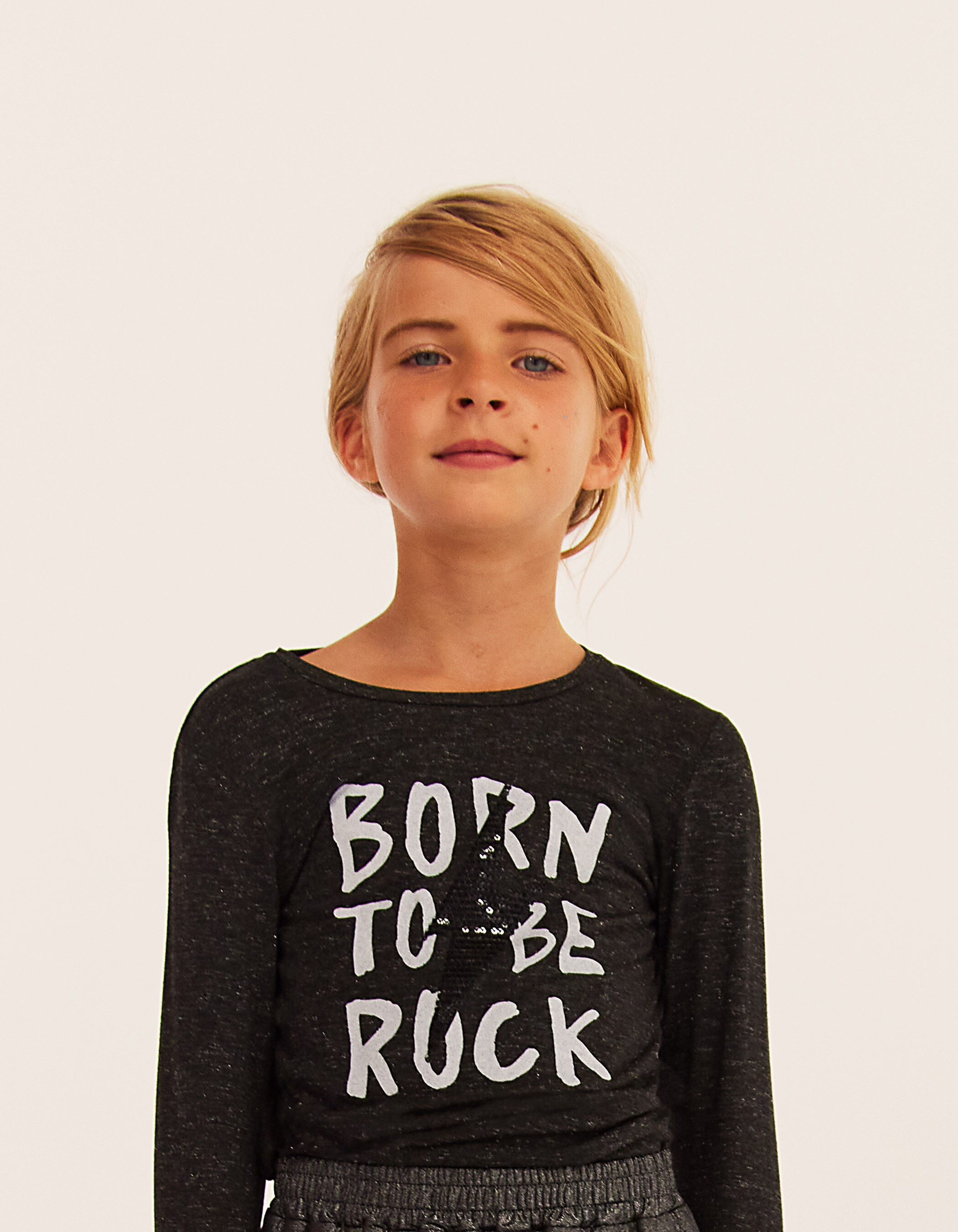 Girls black sequin lightning bolt and slogan T shirt