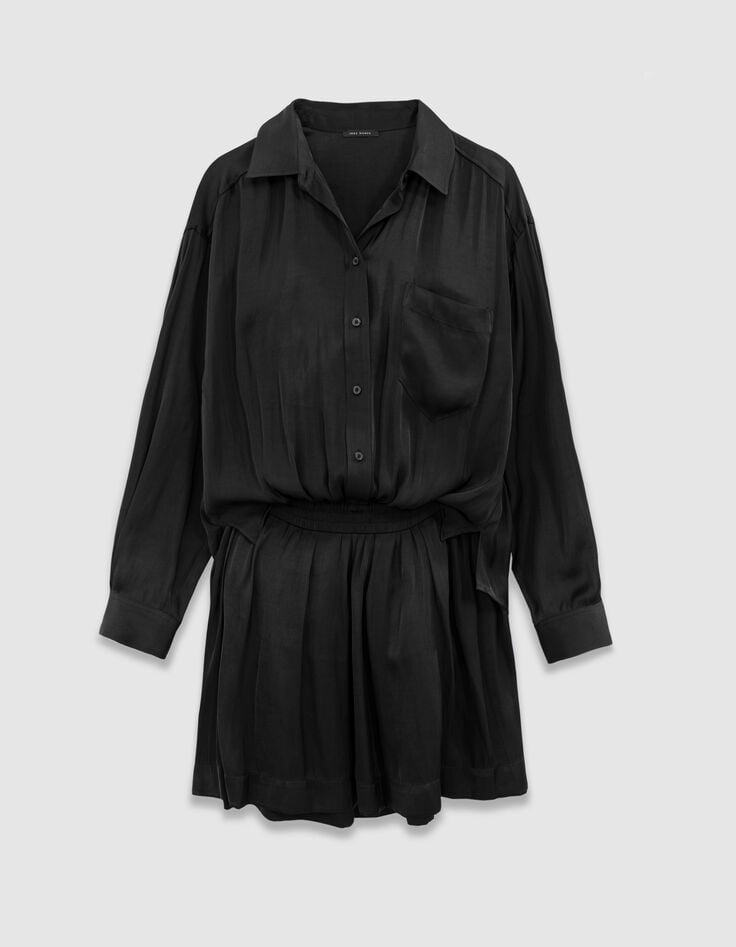 Vestido camisero negro satinado trampantojo mujer-6