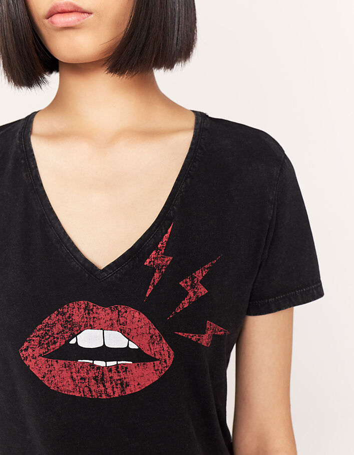 Women’s black acid wash organic cotton T-shirt with lips - IKKS