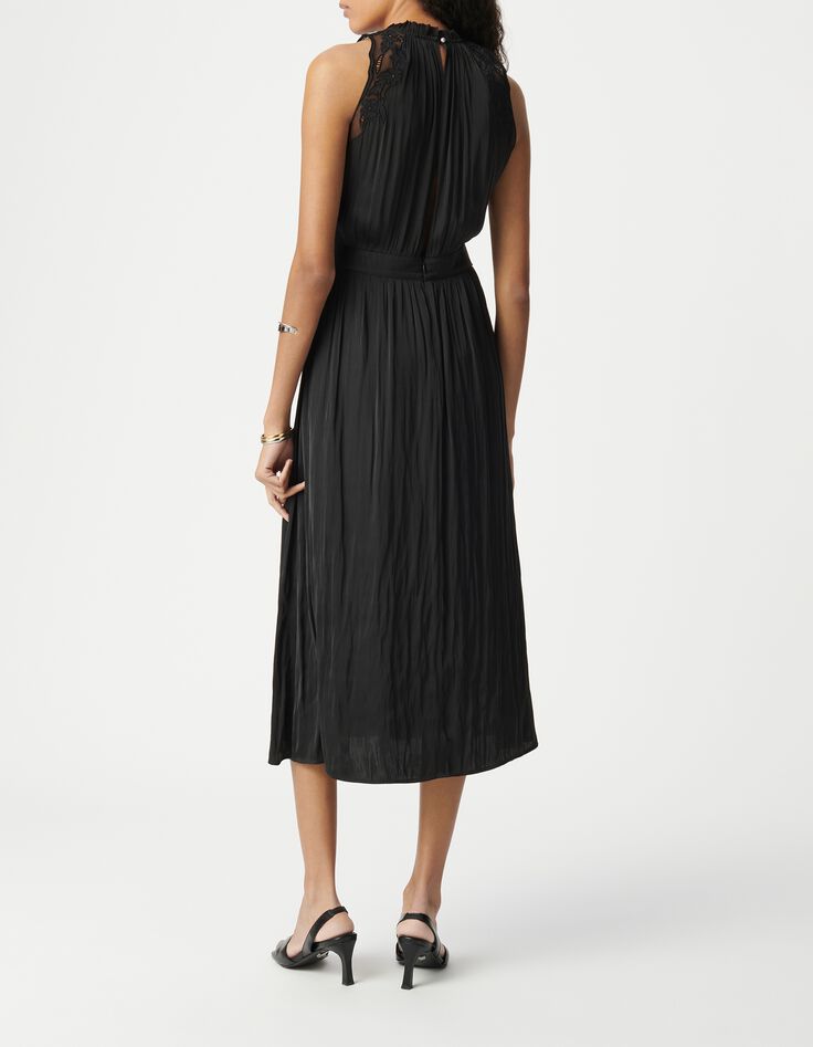 Robe longue noire effet froiss&eacute; avec dentelle Femme-2