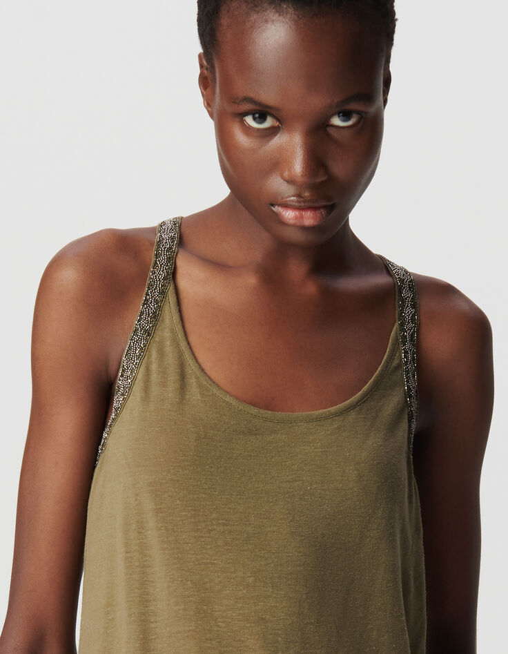 Women’s khaki vest top with bead- embroidered armholes-4