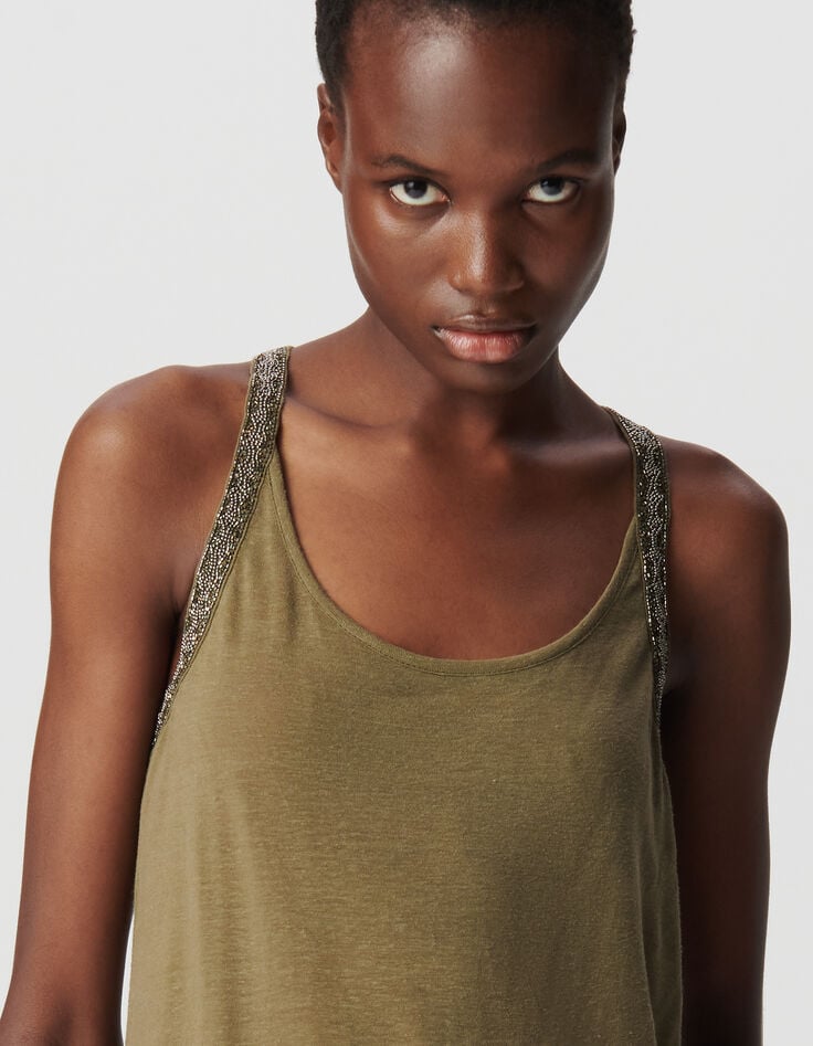 Women’s khaki vest top with bead- embroidered armholes-4 Women’s khaki vest top with bead- embroidered armholes-4