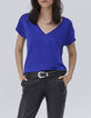 Tee-shirt bleu en maille de lin foil Femme-1