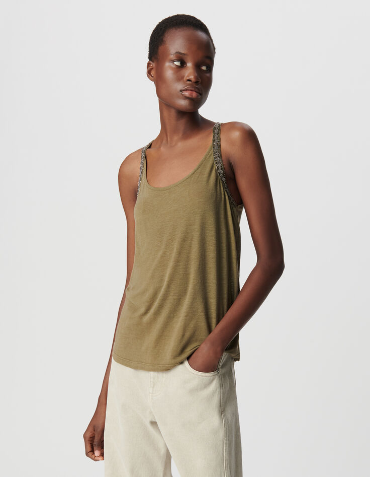 Women’s khaki vest top with bead- embroidered armholes-2