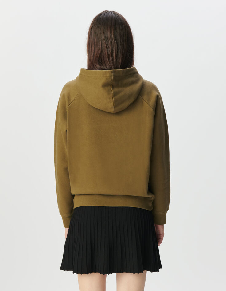 Women’s khaki organic cotton hoodie, buttons and slogan-3