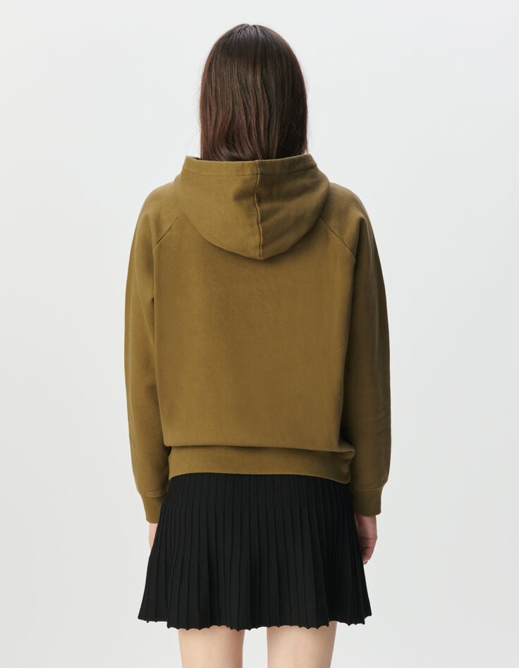 Women’s khaki organic cotton hoodie, buttons and slogan-3 Women’s khaki organic cotton hoodie, buttons and slogan-3