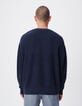 Marineblauwe herentrui met boothals en honingraatpatroon-3