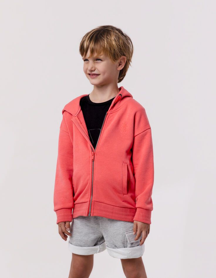Cardigan rouge zippé à capuche maxi broderie dos garçon-1