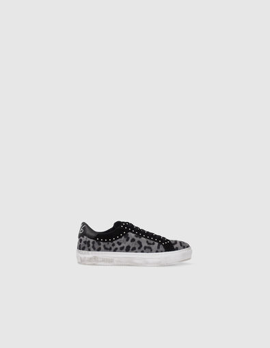 Sneakers noires cuir velours motif léopard et clous Femme - IKKS