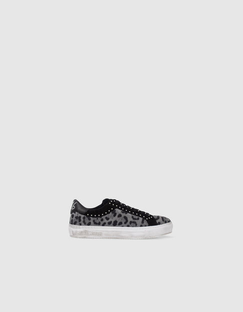 Sneakers noires cuir velours motif léopard et clous Femme - IKKS