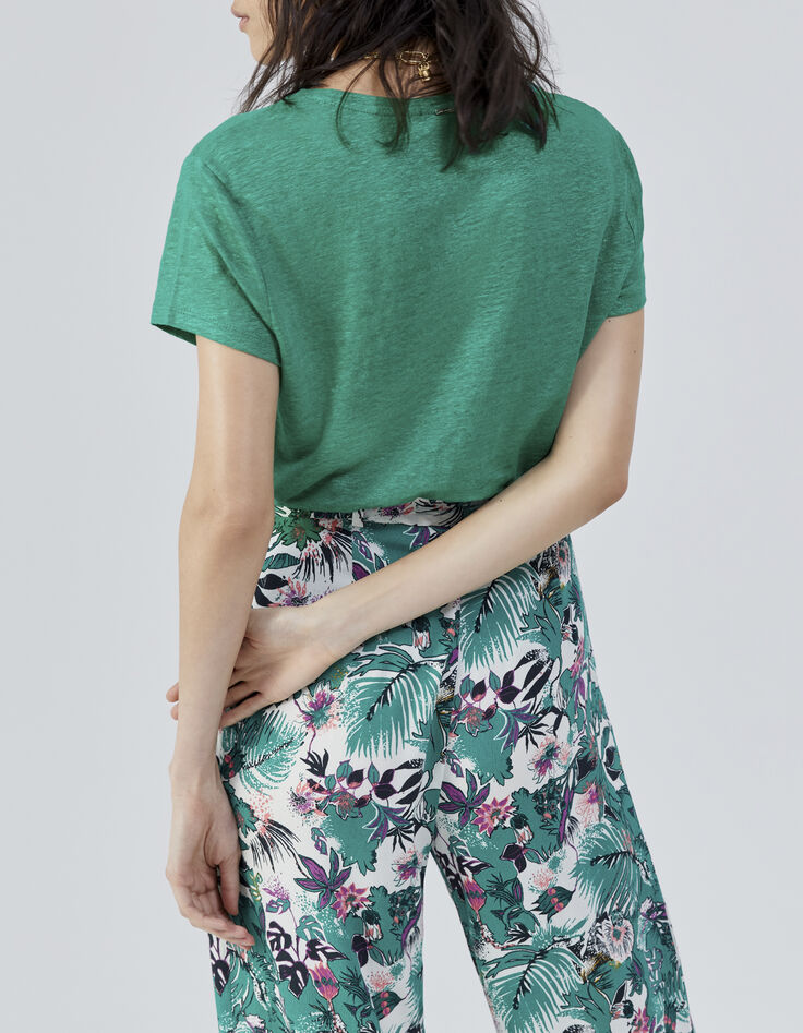 Tee-shirt vert encolure V maille lin irisée Femme-3