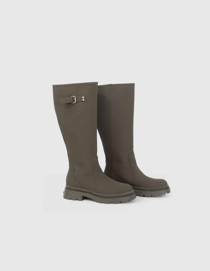 Botas altas goma caqui suela dentada hebilla lateral mujer-2